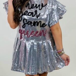 QUEEN OF SPARKLES Silver Sequin Dress with Pink Accents